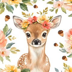 Canvas Print - Cute Watercolor Deer with Flower Crown