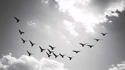 33. A flock of birds gracefully flying in a V shape towards a distant cloud, the serene sky providing a stunning contrast to their coordinated movement