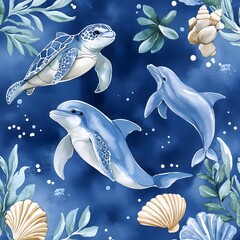 Wall Mural - Watercolor Illustration of Sea Turtle, Dolphins, Shells, and Aquatic Plants in Blue