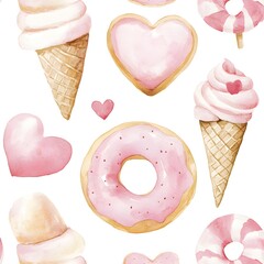 Wall Mural - Watercolor Pink Sweets and Hearts Seamless Pattern