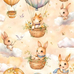 Sticker - Cute Cartoon Rabbits In Hot Air Balloons