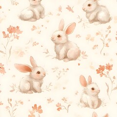 Wall Mural - Cute Watercolor Bunnies Seamless Pattern