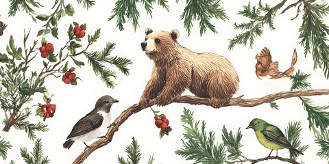 Wall Mural - Watercolor Illustration of a Bear, Birds and Berries on a Branch