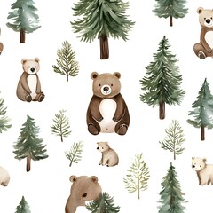 Wall Mural - Cute Watercolor Bears and Pine Trees Seamless Pattern