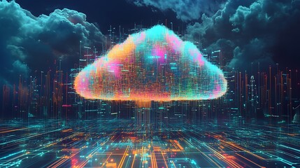 Digital illustration of a colorful cloud made with binary and data nodes, concept of technology, cloud computing and storage