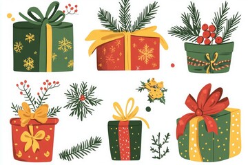 Wall Mural - A collection of christmas presents including a vector illustration of a christmas gift box.