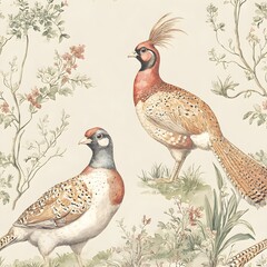 Watercolor Painting of Two Pheasants in a Floral Setting