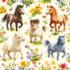 Canvas Print - Cute Watercolor Ponies Seamless Pattern