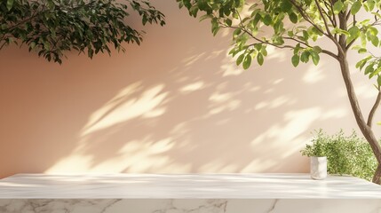 Poster - Table top white marble counter pink cement wall with shadow sunlight from plant