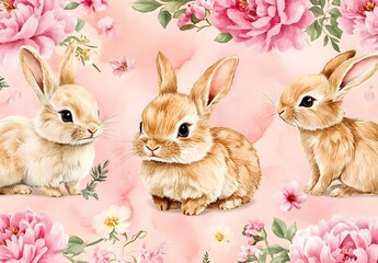 Canvas Print - Cute Watercolor Bunnies with Pink Flowers