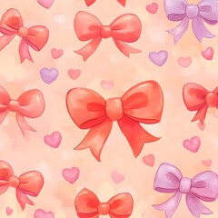 Wall Mural - Watercolor Pink and Red Bows and Hearts on a Peach Background