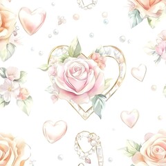 Wall Mural - Pink Roses and Hearts Watercolor Seamless Pattern