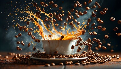 Sticker - Dynamic eruption of coffee beans with steam against a rich dark backdrop