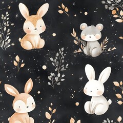 Sticker - Cute Cartoon Bunny and Bear with Floral Elements on Black Background