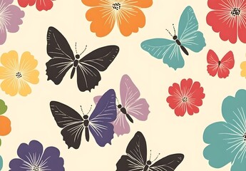 Wall Mural - Colorful Butterflies and Flowers Pattern