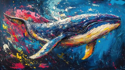 Abstract Expressionism blue whale, painted with dynamic brushstrokes and vibrant colors, creating movement and emotion.