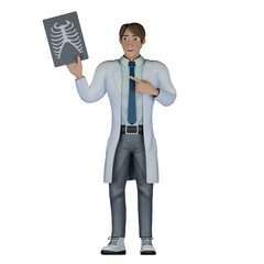 3D Doctor Male in Professional Setting. A male doctor stands with his right hand holding an X-ray result while his left hand points at the X-ray result using his index finger. Healthcare