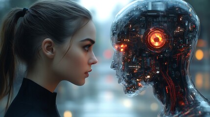 A human face to face with a robot made with metal and glass, concept of AI and new technologies