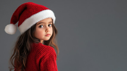 Arabian little girl in christmas wear with red santa claus hat isolated