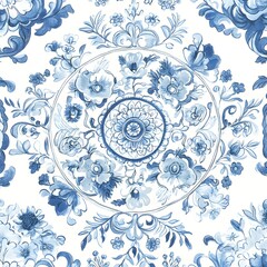 Wall Mural - Blue and White Floral Pattern Watercolor