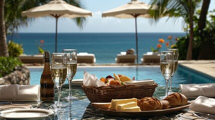 124. A picturesque oceanfront restaurant table, set against the backdrop of a pool and ocean, laden with food, drinks, and a basket of bread and butter, capturing a luxurious dining scene