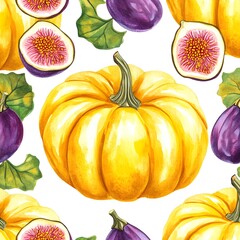 Poster - Watercolor Pumpkin and Figs Seamless Pattern