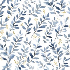 Sticker - Watercolor Blue Leaves and Gold Berries Seamless Pattern