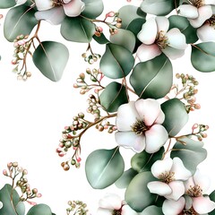 Canvas Print - Floral Background with White Flowers and Eucalyptus Leaves