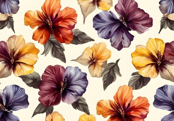 Sticker - Seamless Pattern with Watercolor Hibiscus Flowers