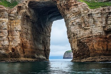 Wall Mural - Close view of the window, or natural arch, in perce rock.- ile bonaventure et du rocher-perce national park, perce, gaspe peninsula, quebec, canada, ai