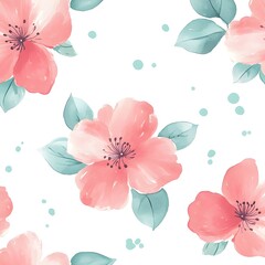 Canvas Print - Watercolor pink flowers and green leaves seamless pattern