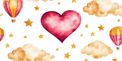 Wall Mural - Watercolor heart, clouds and stars pattern