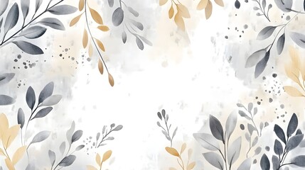 Canvas Print - Watercolor Floral Border With Grey And Gold Leaves