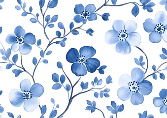 Poster - Watercolor Blue Flowers Seamless Pattern