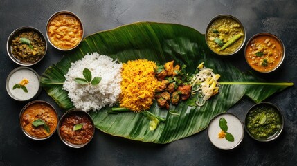 Traditional South Indian meal served on a fresh banana leaf, featuring a variety of colorful dishes, rice, and accompaniments