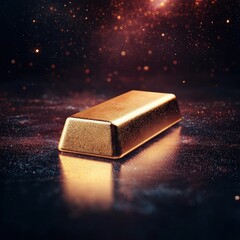 A gold bar floating in space with stars reflecting off its surface