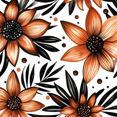 Wall Mural - Orange and Black Watercolor Flower Pattern