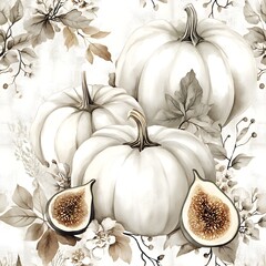 Poster - Watercolor Illustration of Pumpkins and Figs with Greenery