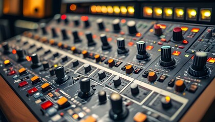 Wall Mural - In-depth perspective of a sound mixing console featuring faders and buttons in a professional studio setting