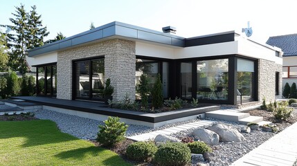 Canvas Print - Modern House with Stone Facade and Large Windows