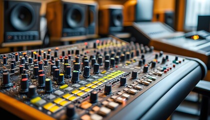 In-depth perspective of a sound mixing console featuring faders and buttons in a professional studio setting