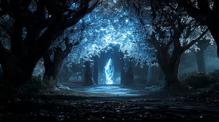 Wall Mural - Magic glowing portal in a fantasy forest with glowing trees, mysterious archway, mystical enchanted blue ethereal pathway, dreamlike surreal energy in the woods