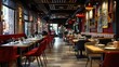 © Mas - Contemporary modern restaurant interior with beautiful hanging lamps AI generated image