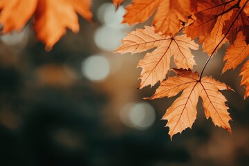 Wall Mural - Orange fall leaves in park, autumn natural background , ai