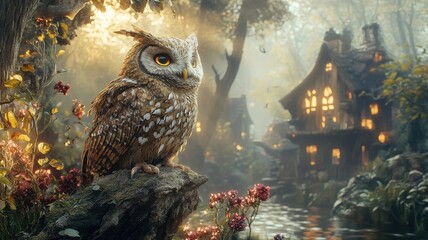 A surreal depiction of an owl in a dreamlike setting, with imaginative and whimsical features.