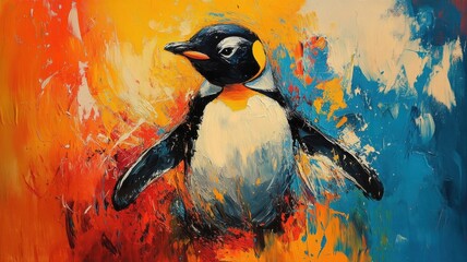 Wall Mural - A penguin portrayed in Abstract Expressionism style, with bold, energetic colors and expressive brushwork.