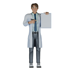 Male Doctor 3D Cartoon. A male doctor stands holding a whiteboard and pen, as if ready to write or record information important. Professional Healthcare