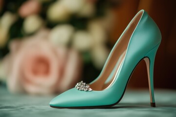 Aquamarine high heels with jewel detail