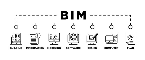 BIM banner web icon vector illustration concept for building information modeling with icon of building, information, modeling, software, design, plan, and computer