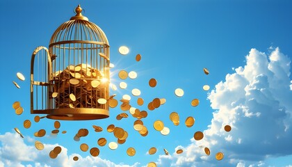 Wall Mural - Golden coins escaping from an open birdcage into a clear blue sky, symbolizing wealth and newfound freedom